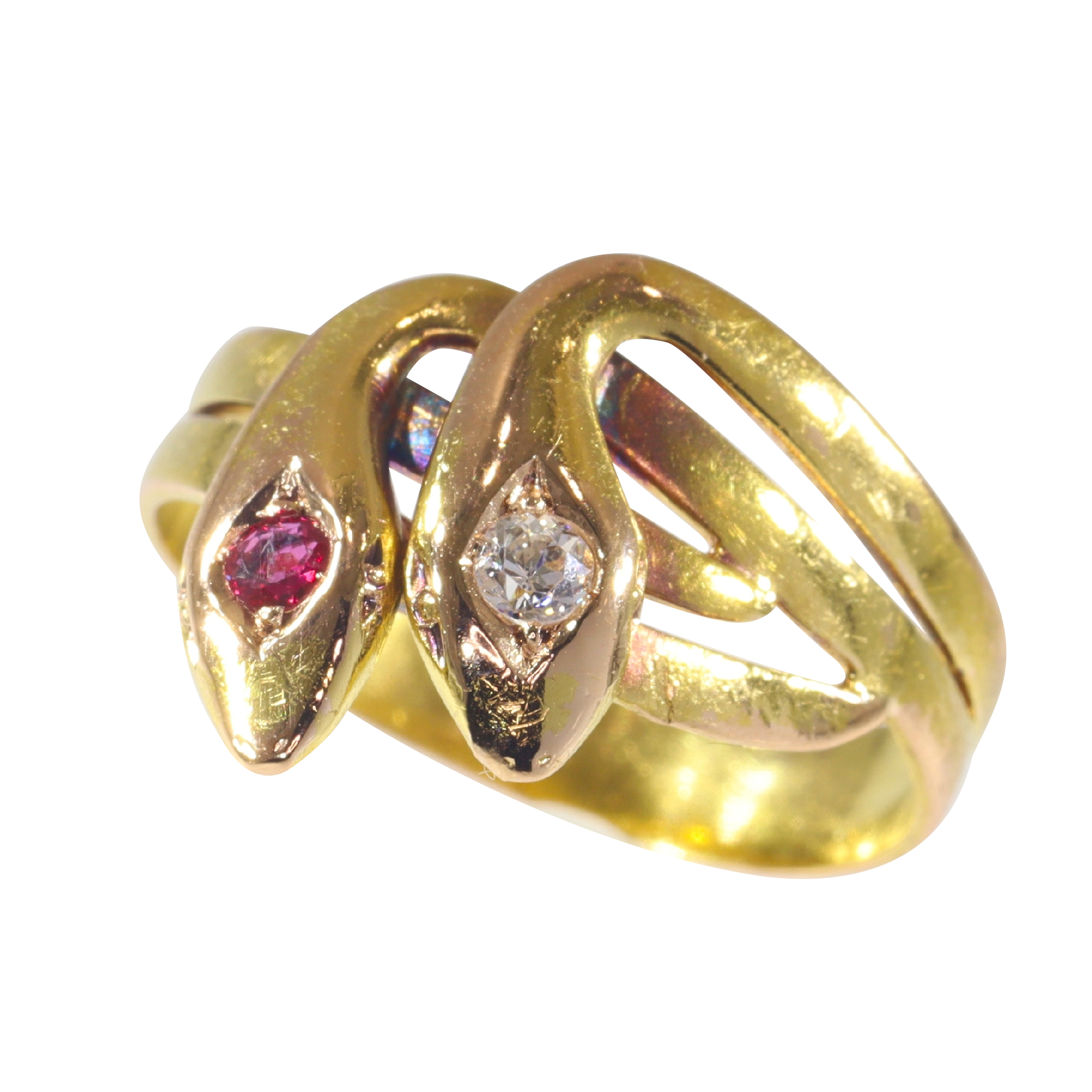 Vintage antique 18K gold double snake ring with diamond and ruby